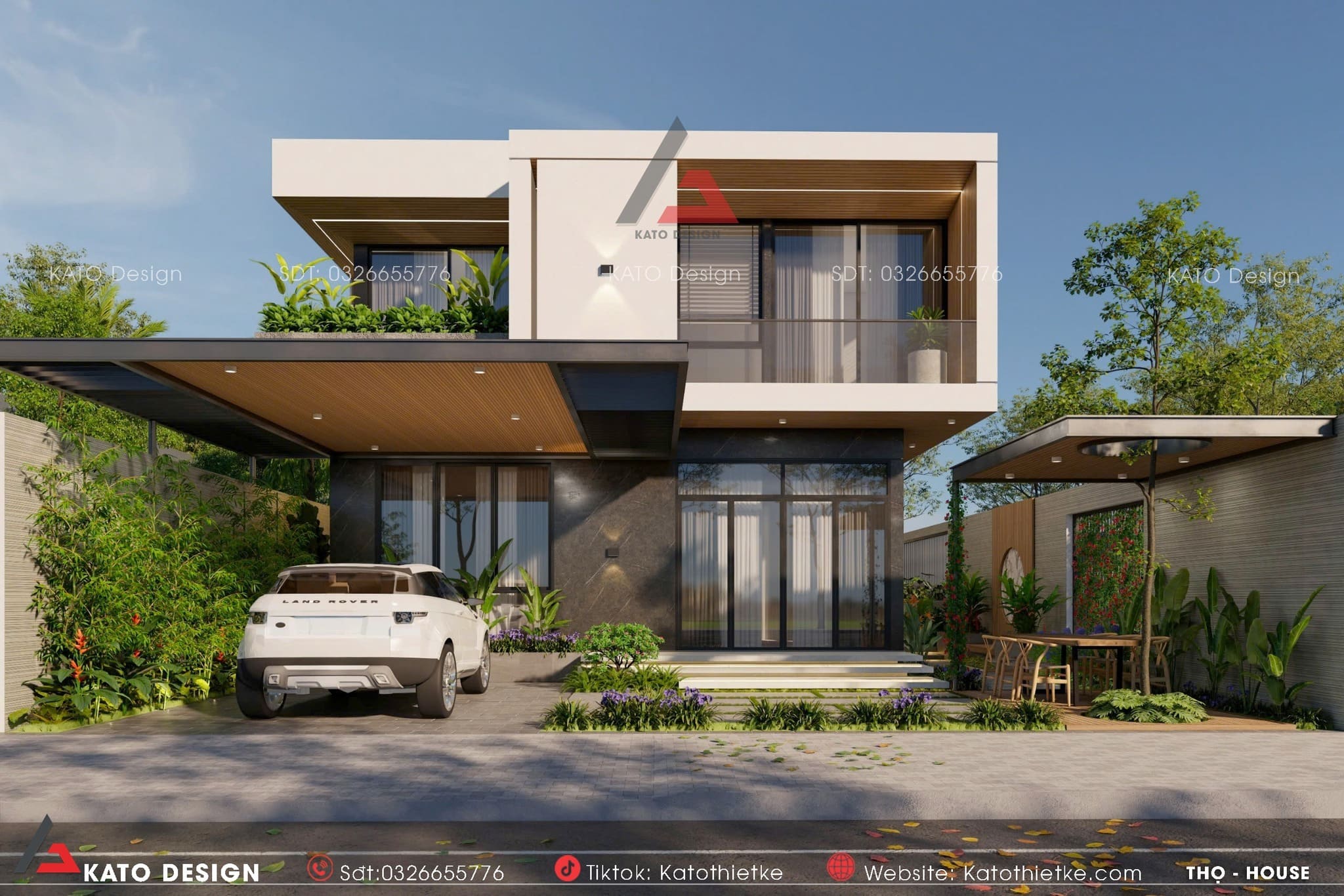 Biệt thự sân vườn mái bằng đẹp, hiện đại