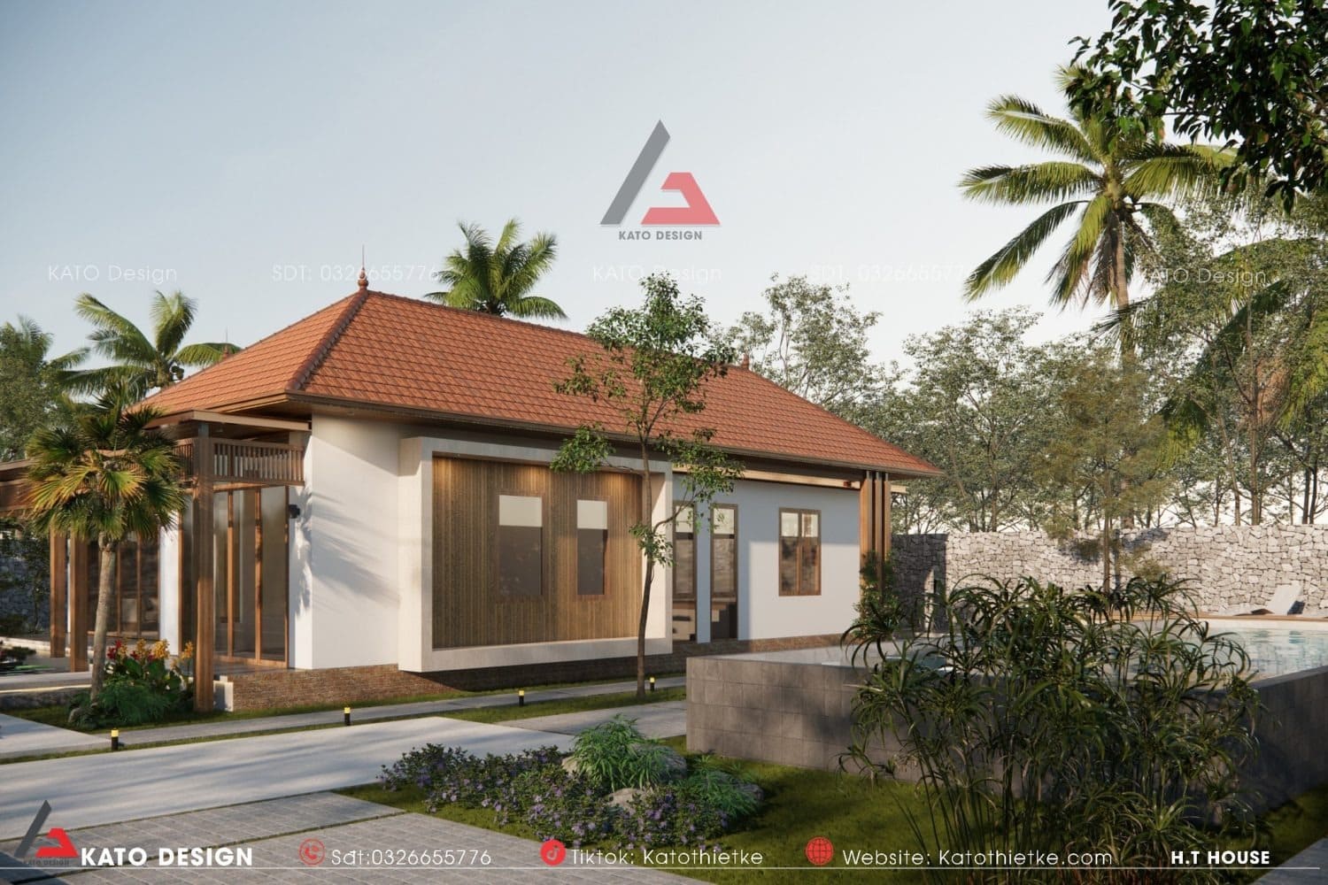 Không gian sân vườn nhà chữ U với nhiều cây xanh