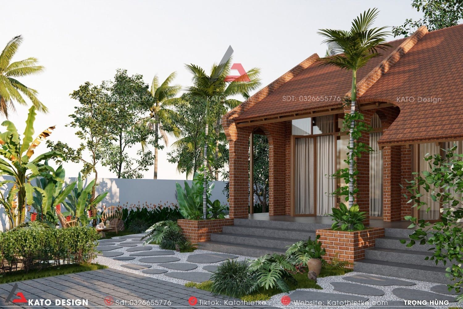 Tường gạch thô kết hợp cửa gỗ