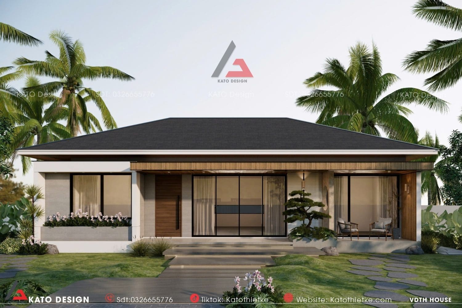 Sân trước thoáng, có lối đi và tiểu cảnh