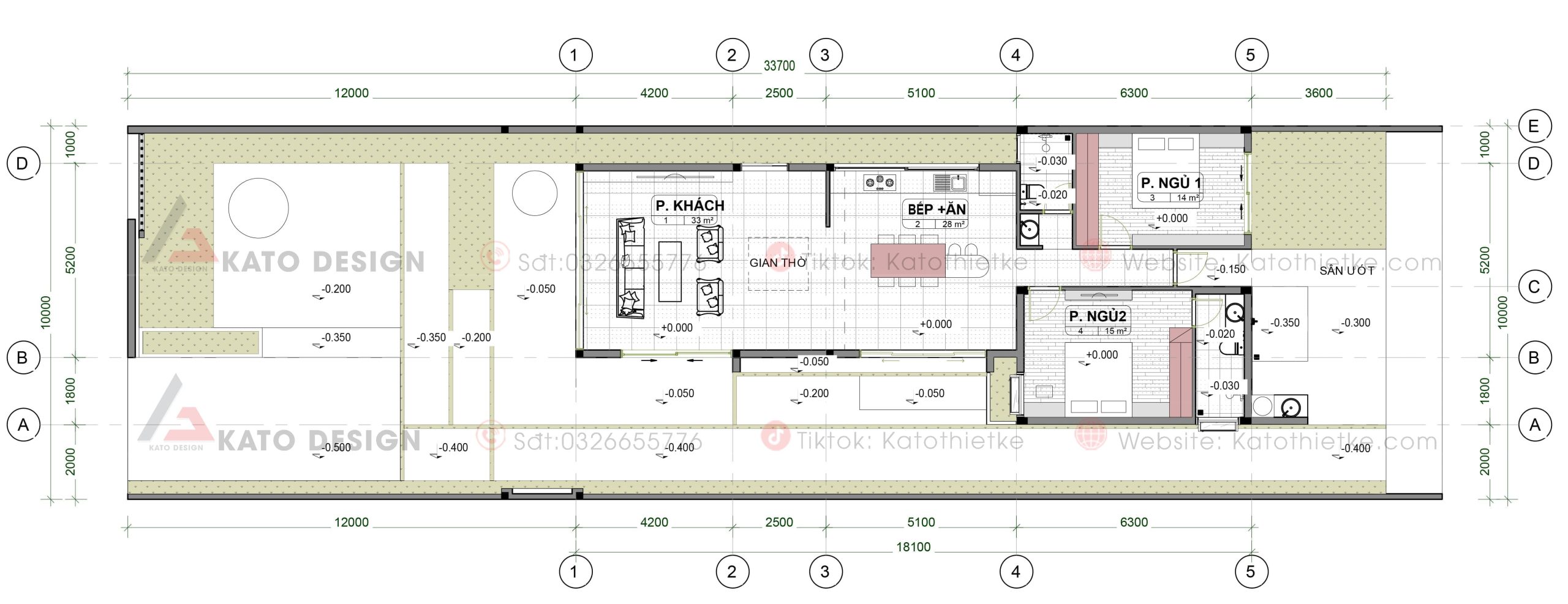 Mặt Bằng Chi Tiết Nhà Cấp 4 Mái Nhật 2 Phòng Ngủ