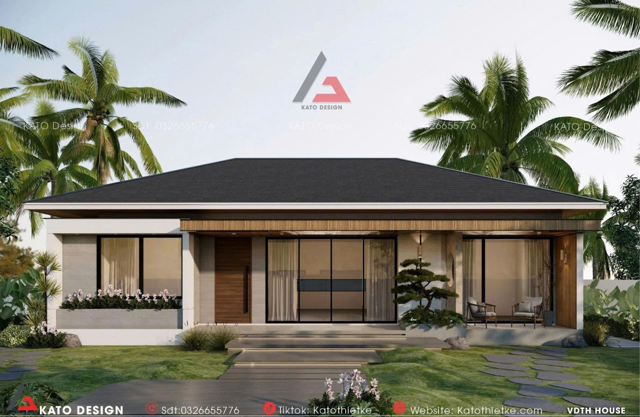 Bản vẽ 3D mặt tiền của nhà vườn mái Nhật