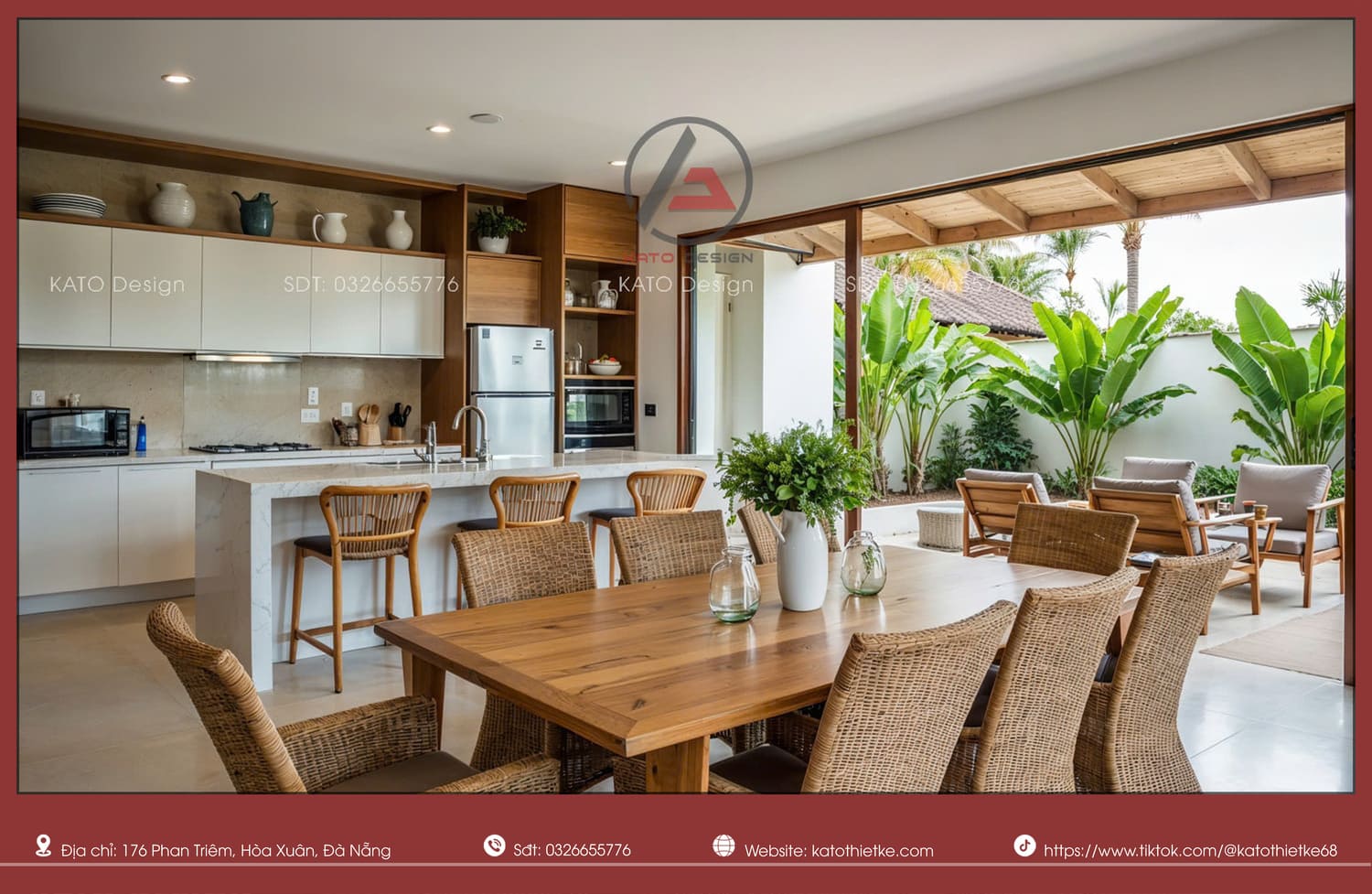Vật liệu tự nhiên như mây tre đan tạo cảm giác nghỉ dưỡng và tiết kiệm bảo trì