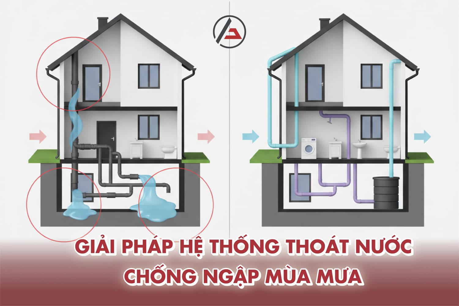 Ngập nước mưa thường do ống sai độ nghiêng, đường kính, chất liệu hoặc bố trí