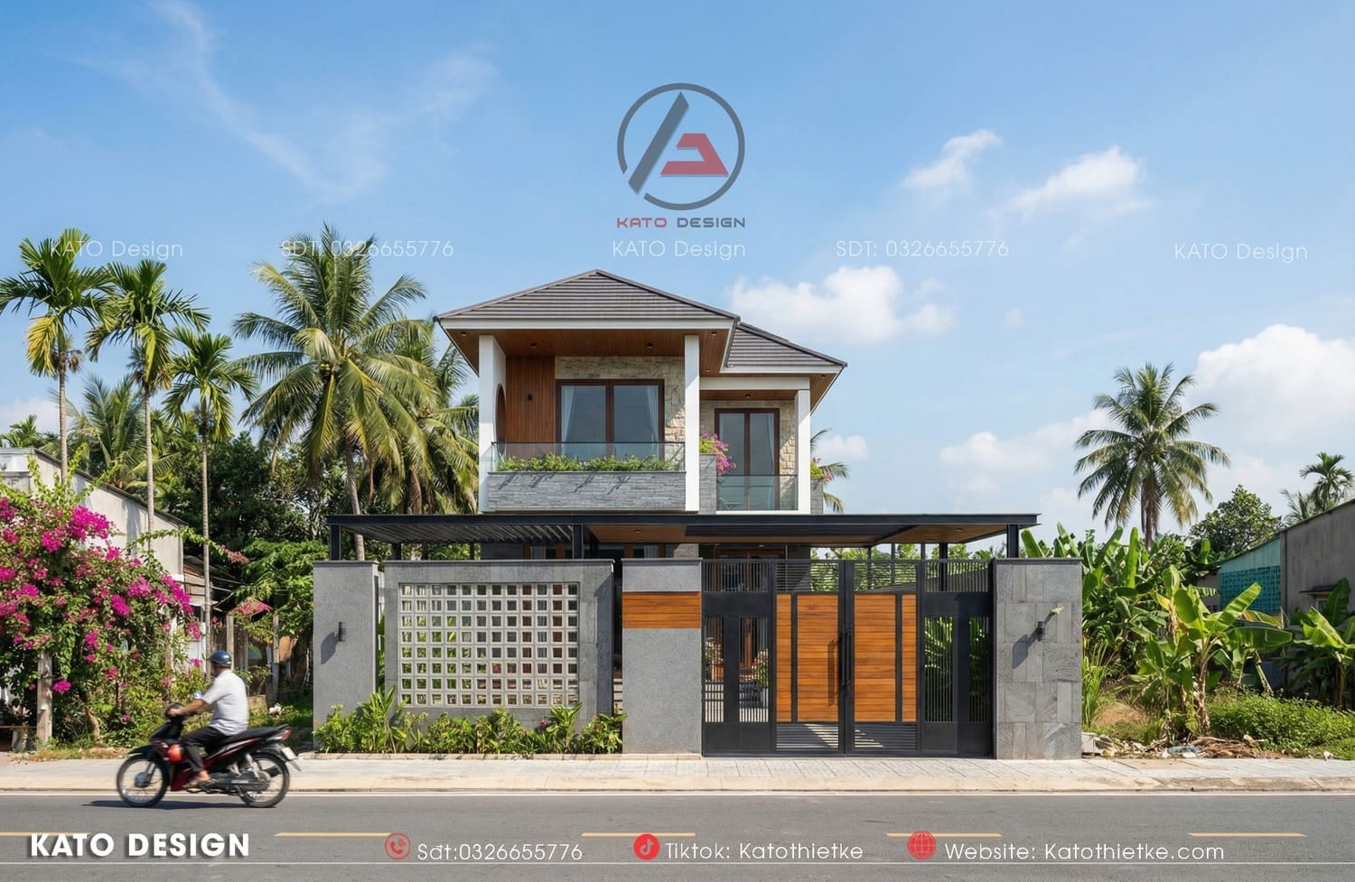 Cổng nhà là sự kết hợp giữa chất liệu đá và gạch bông gió Cổng nhà là sự kết hợp giữa chất liệu đá và gạch bông gió