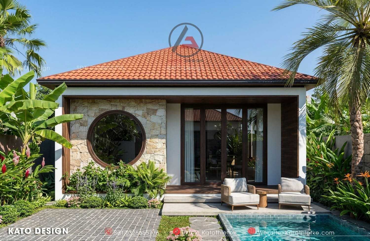 Điểm nhấn là tường đá mộc mạc và hồ bơi trong veo trước hiên nhà Điểm nhấn là tường đá mộc mạc và hồ bơi trong veo trước hiên nhà