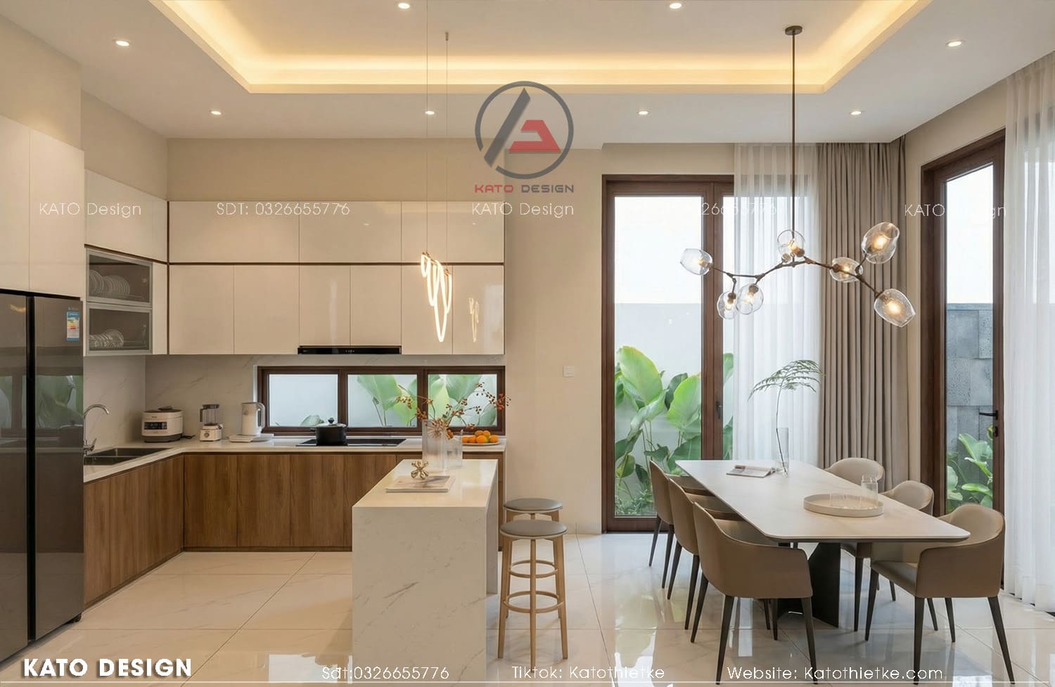 Khu bếp phối màu ấm hài hòa, tăng sự quây quần và tiện nghi