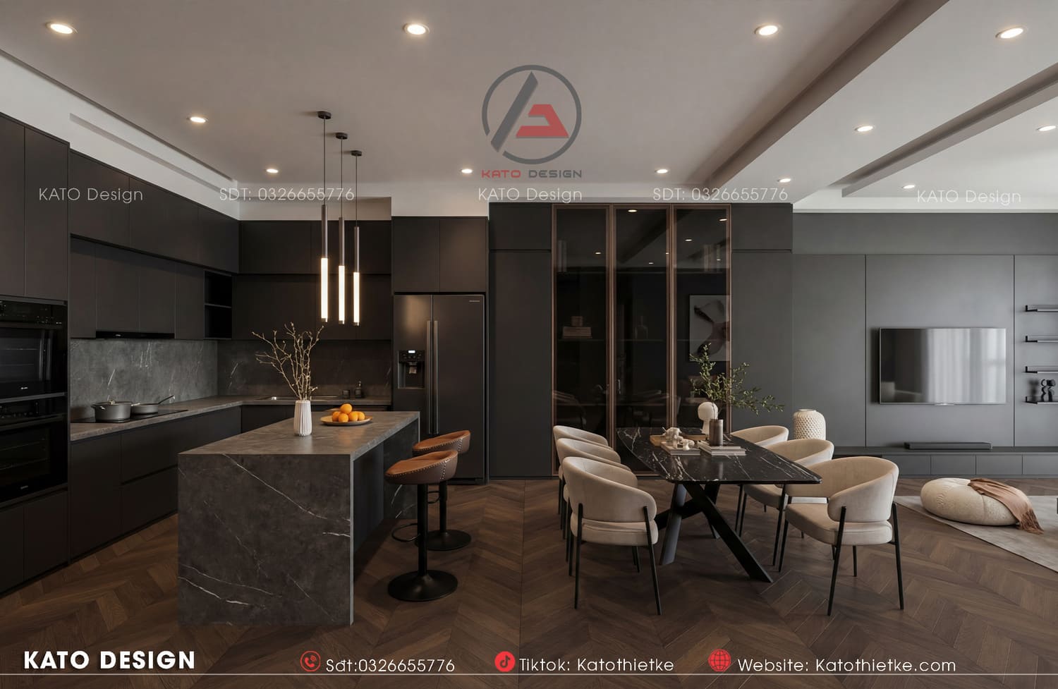 Khu bếp phối xám đen hiện đại, gọn gàng, tăng tính tiện dụng