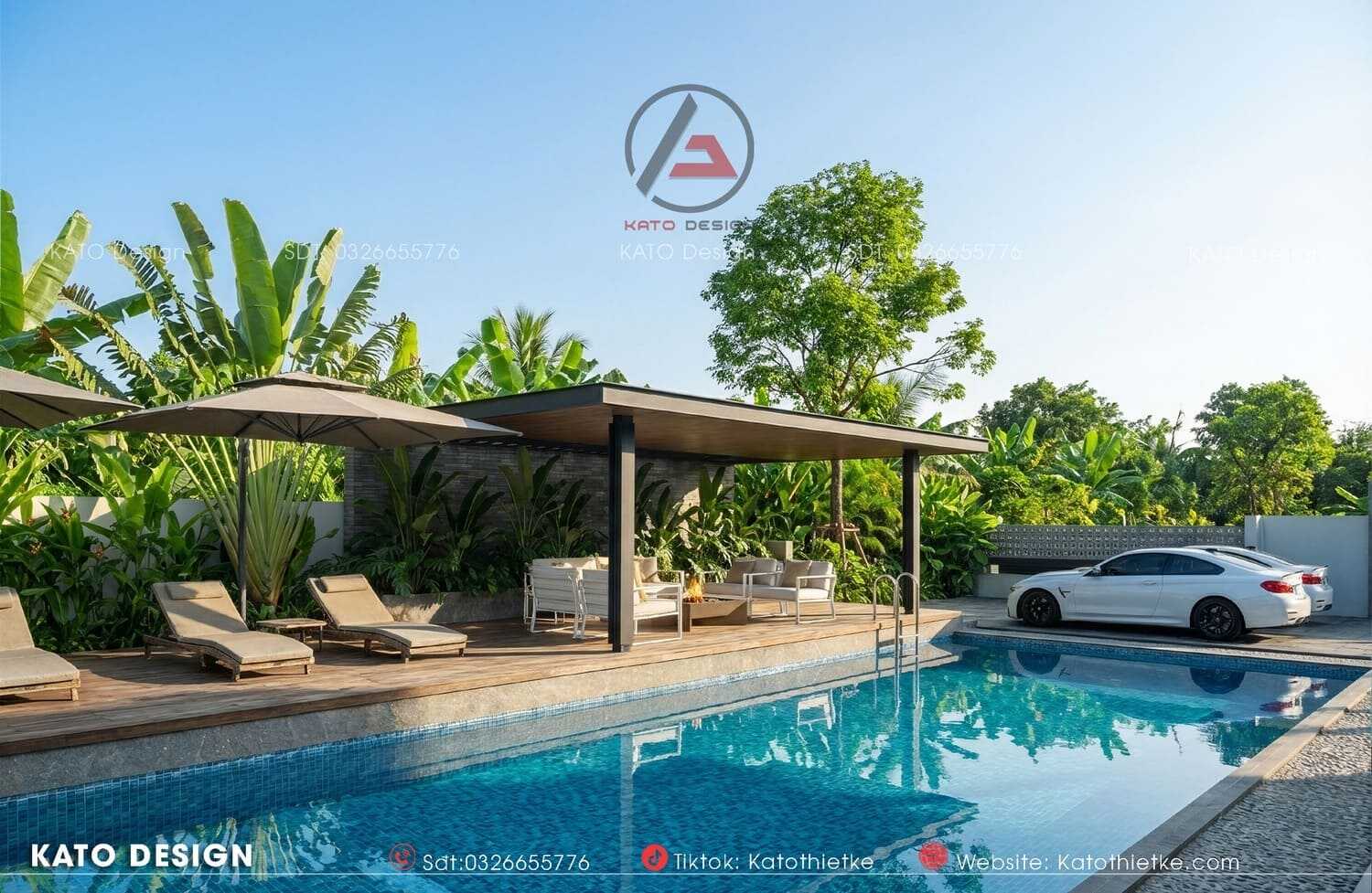 Khu vực thư giãn ngoài trời với hồ bơi trong vắt