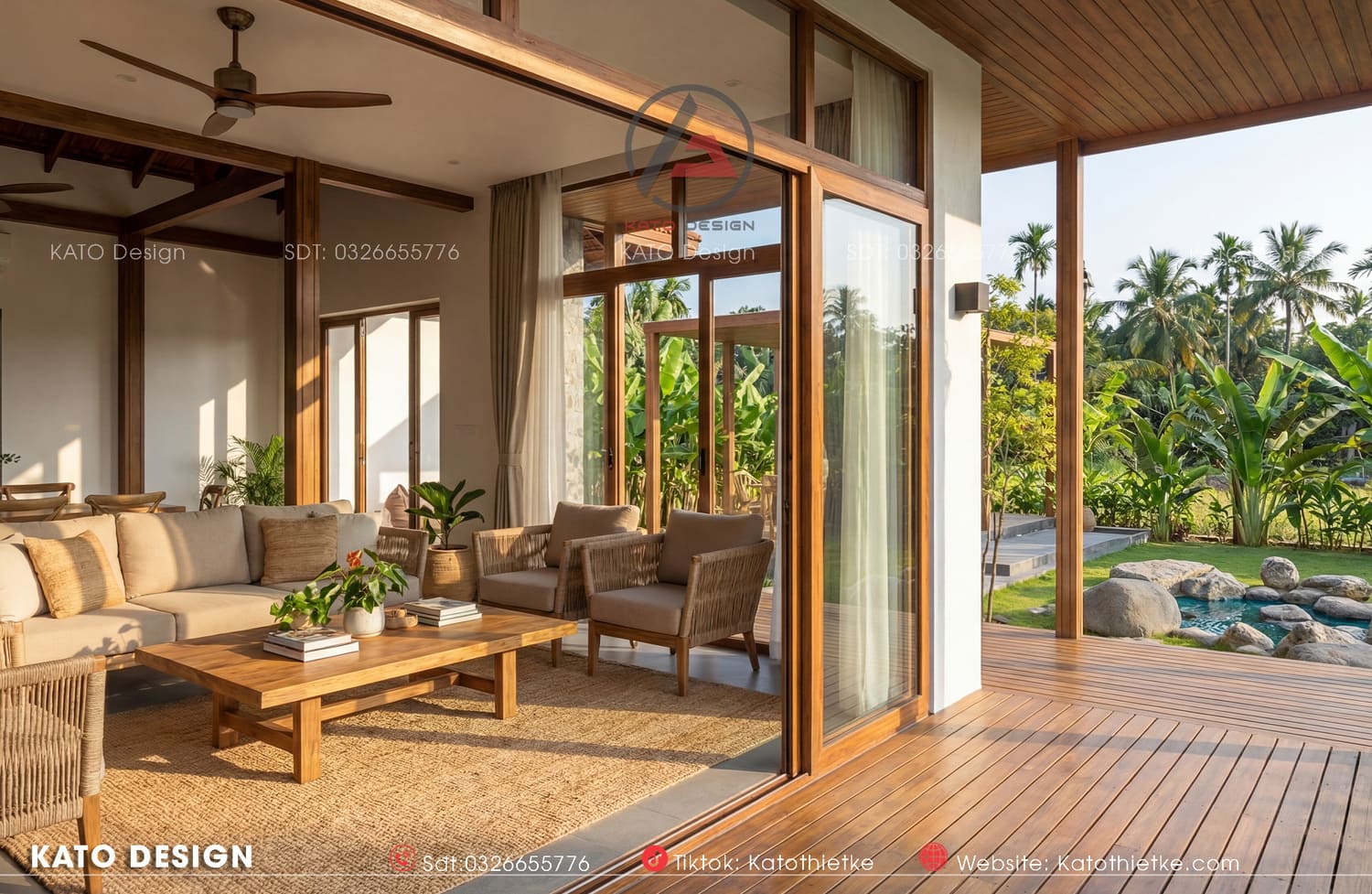 Phòng khách rộng thoáng, đón sáng tự nhiên, mở rộng tầm nhìn ra bên ngoài