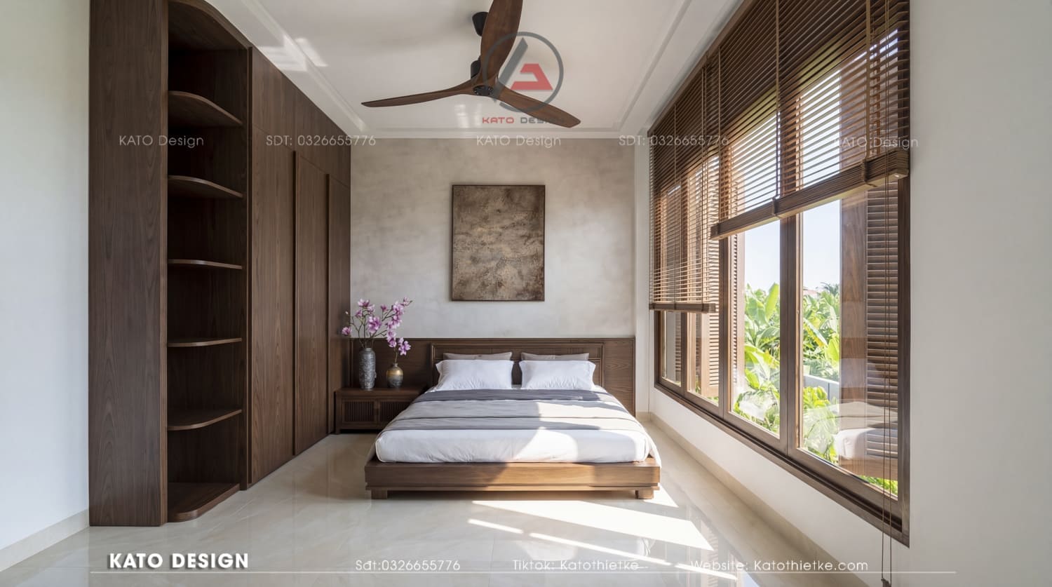 Phòng ngủ master với tủ trần cao, thoáng sáng, đậm chất Á Đông tinh tế 