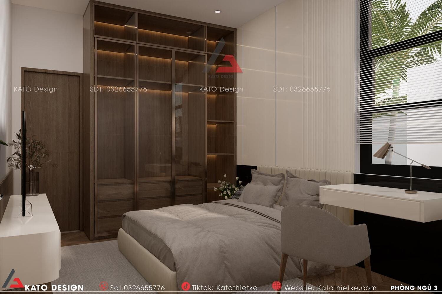 Phòng ngủ tông ấm, gỗ chủ đạo, kết hợp cây xanh nhẹ nhàng