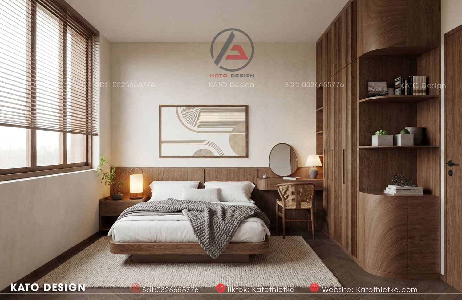 Phòng ngủ sắc be dịu nhẹ, phối gỗ ấm, mang lại giấc ngủ sâu và dễ chịu