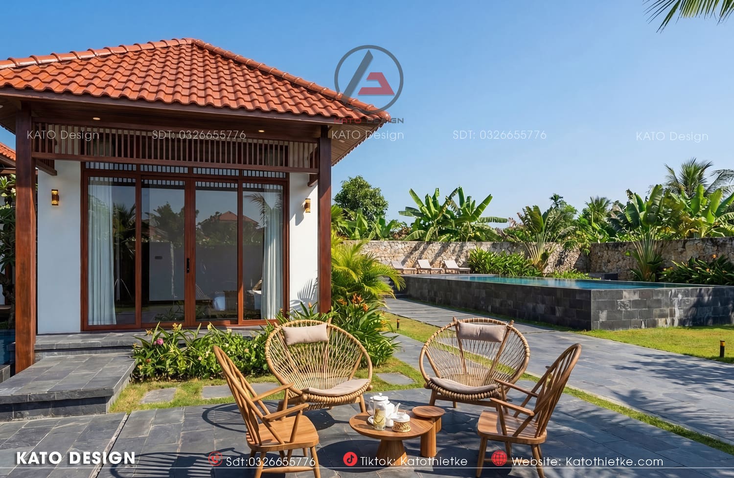 Bàn trà và hồ bơi ngoài trời