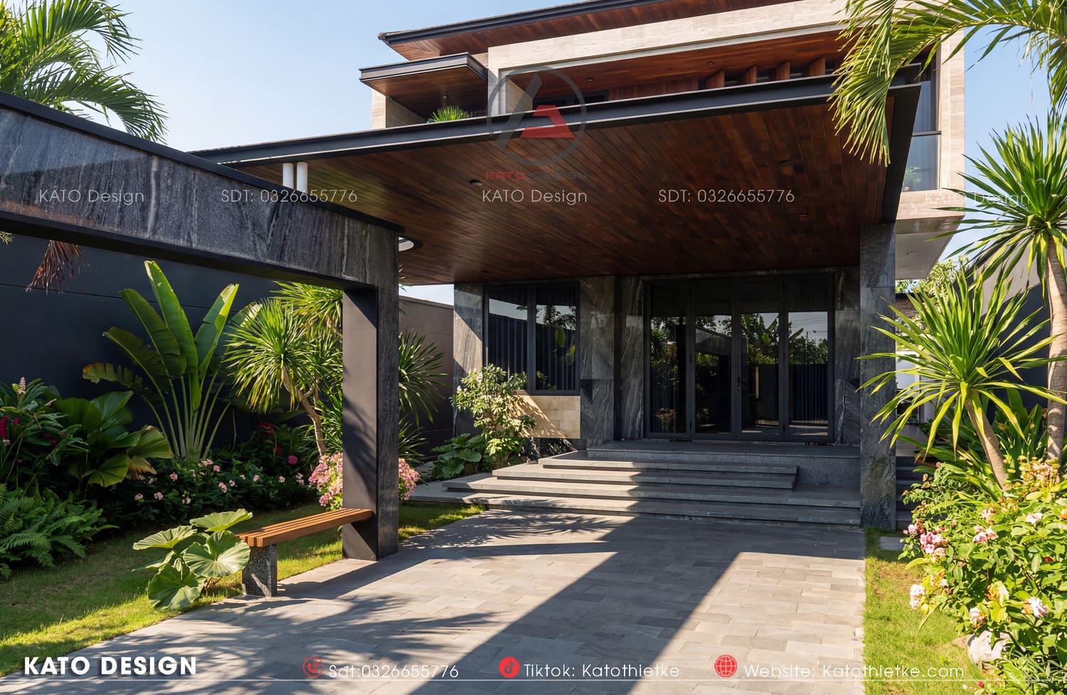 Vẻ đẹp hiện đại giữa đá Travertine và lam gỗ Vẻ đẹp hiện đại giữa đá Travertine và lam gỗ