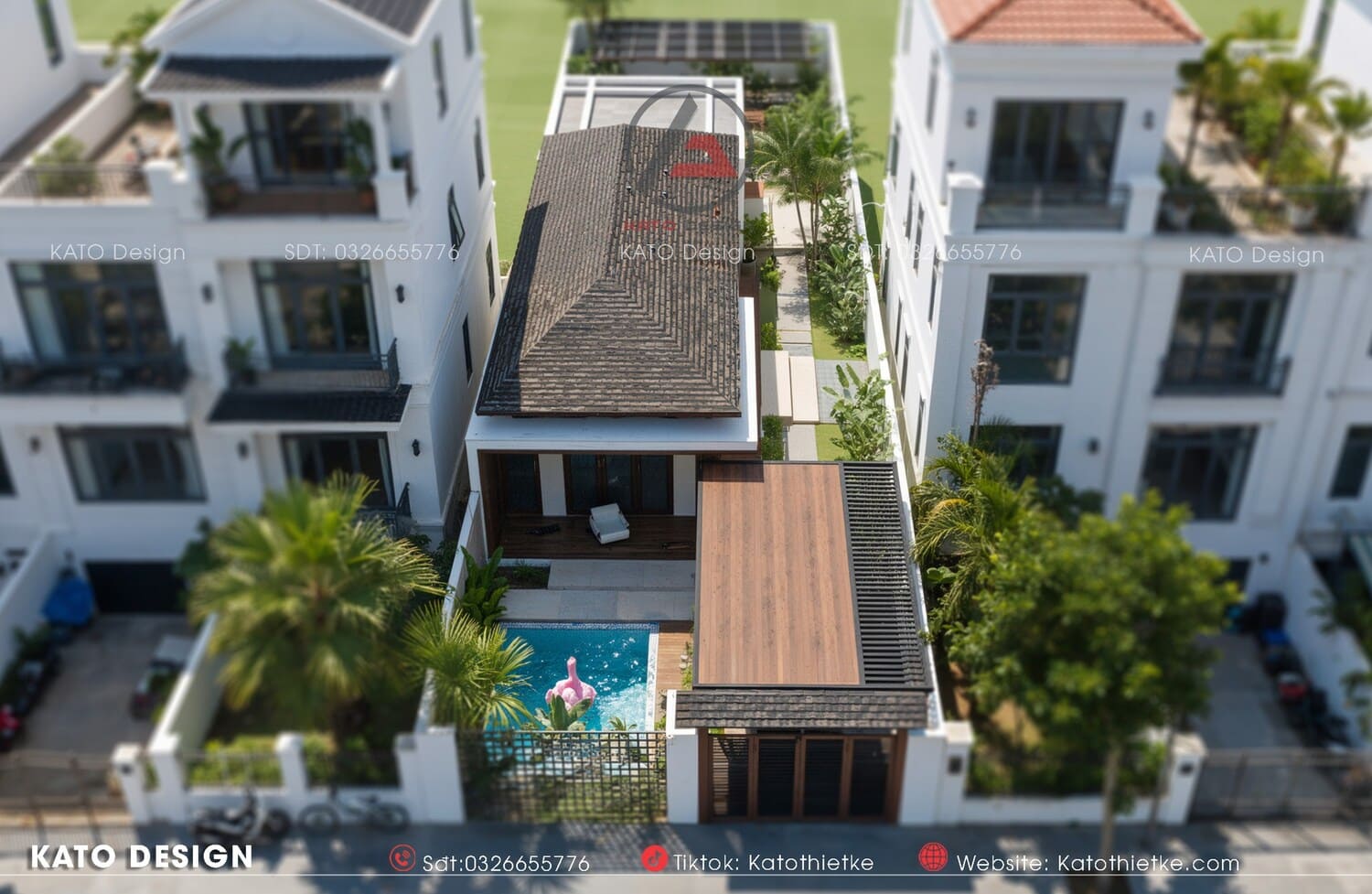 Hồ bơi ngoài trời sát hiên nhà tạo điểm nhấn năng động và thư giãn
