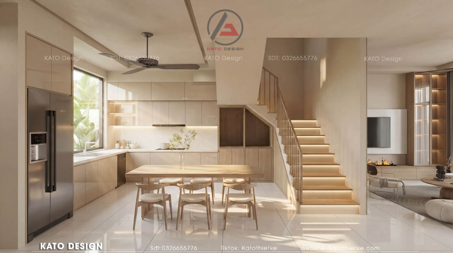 Bếp và bàn ăn liên thông, tối ưu di chuyển, thoáng sáng, tiện nghi