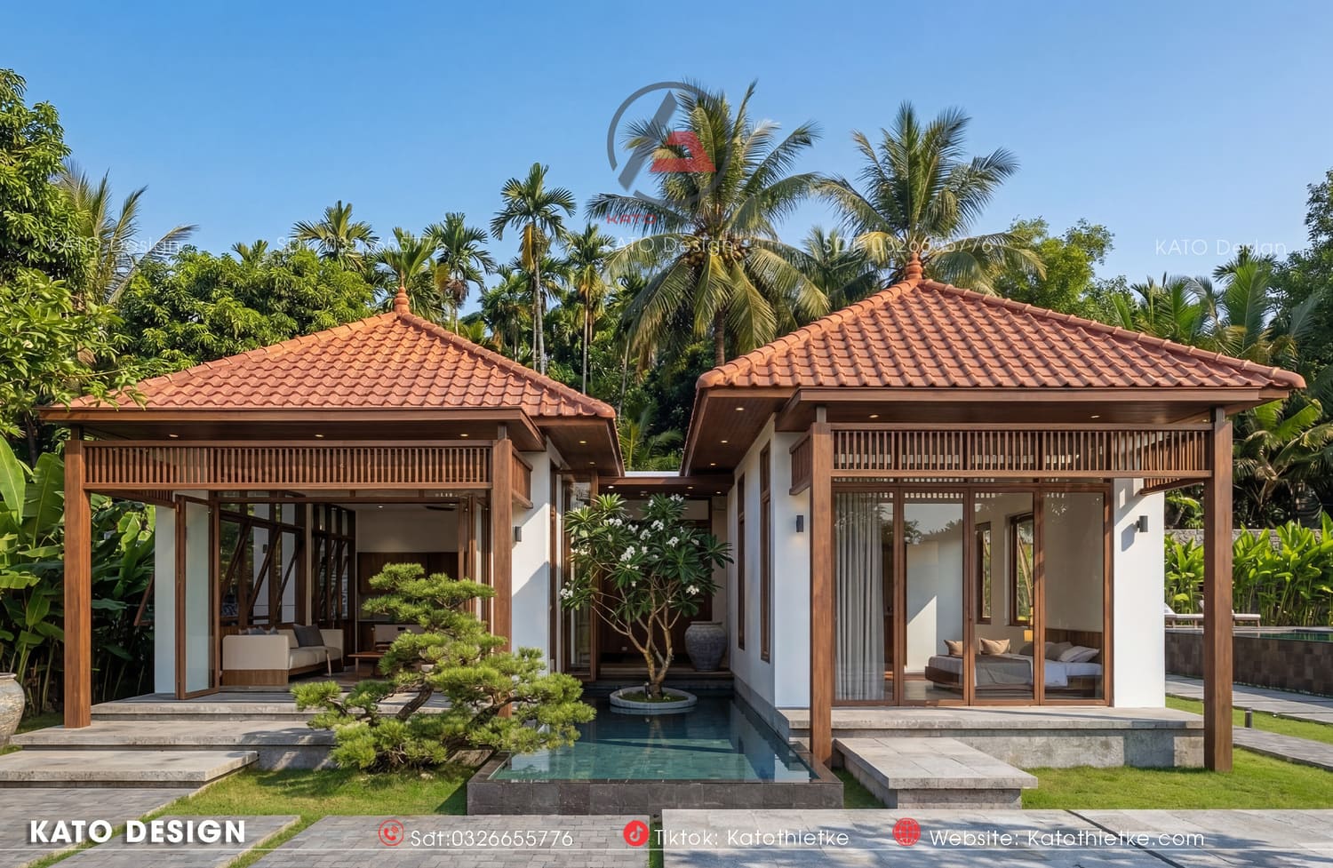 Ngôi nhà nổi bật giữa khuôn viên cây xanh và tiểu cảnh nước dịu mát Ngôi nhà nổi bật giữa khuôn viên cây xanh và tiểu cảnh nước dịu mát