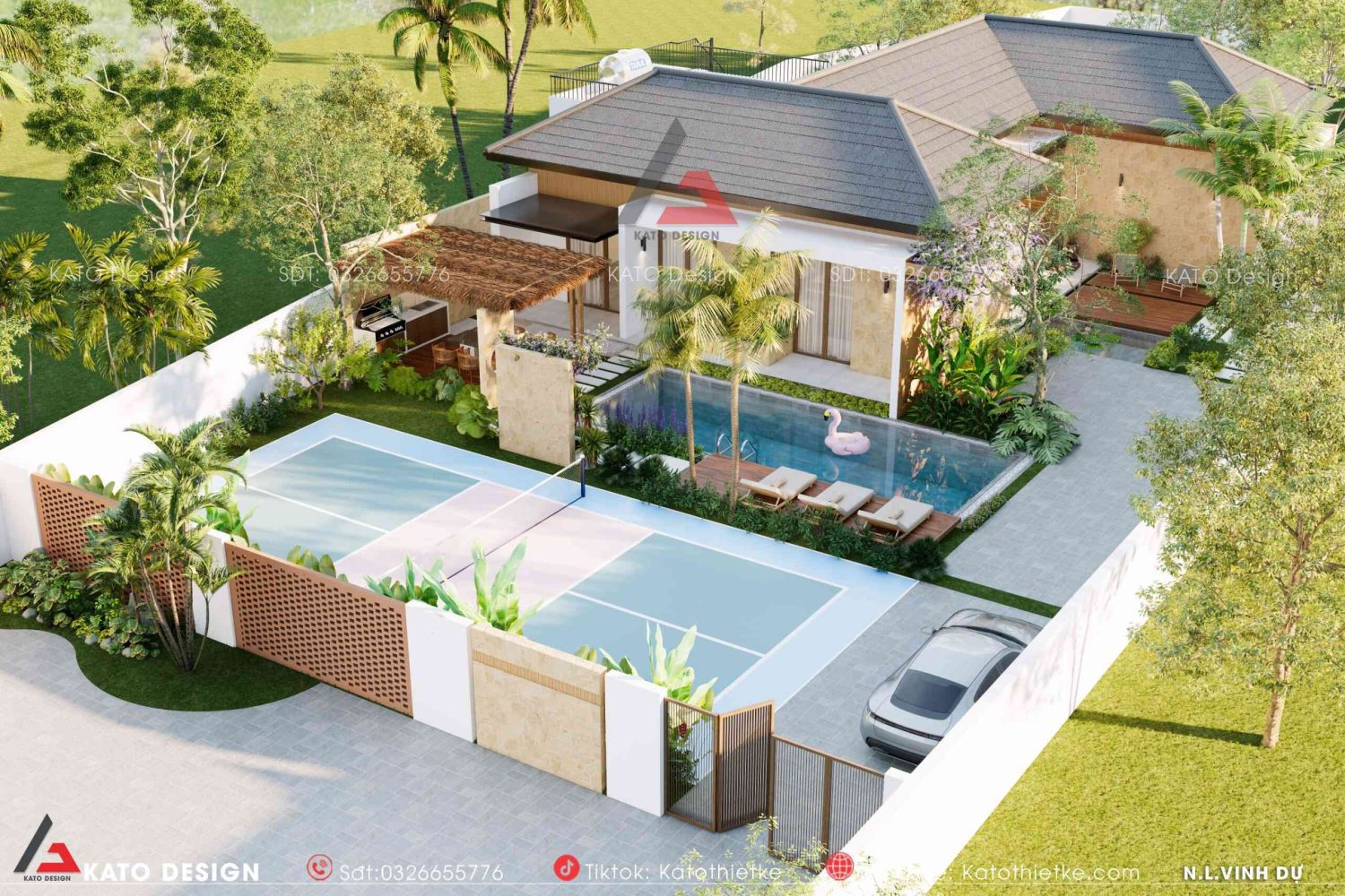Mặt tiền ngôi nhà với khoảng sân tennis và hồ bơi