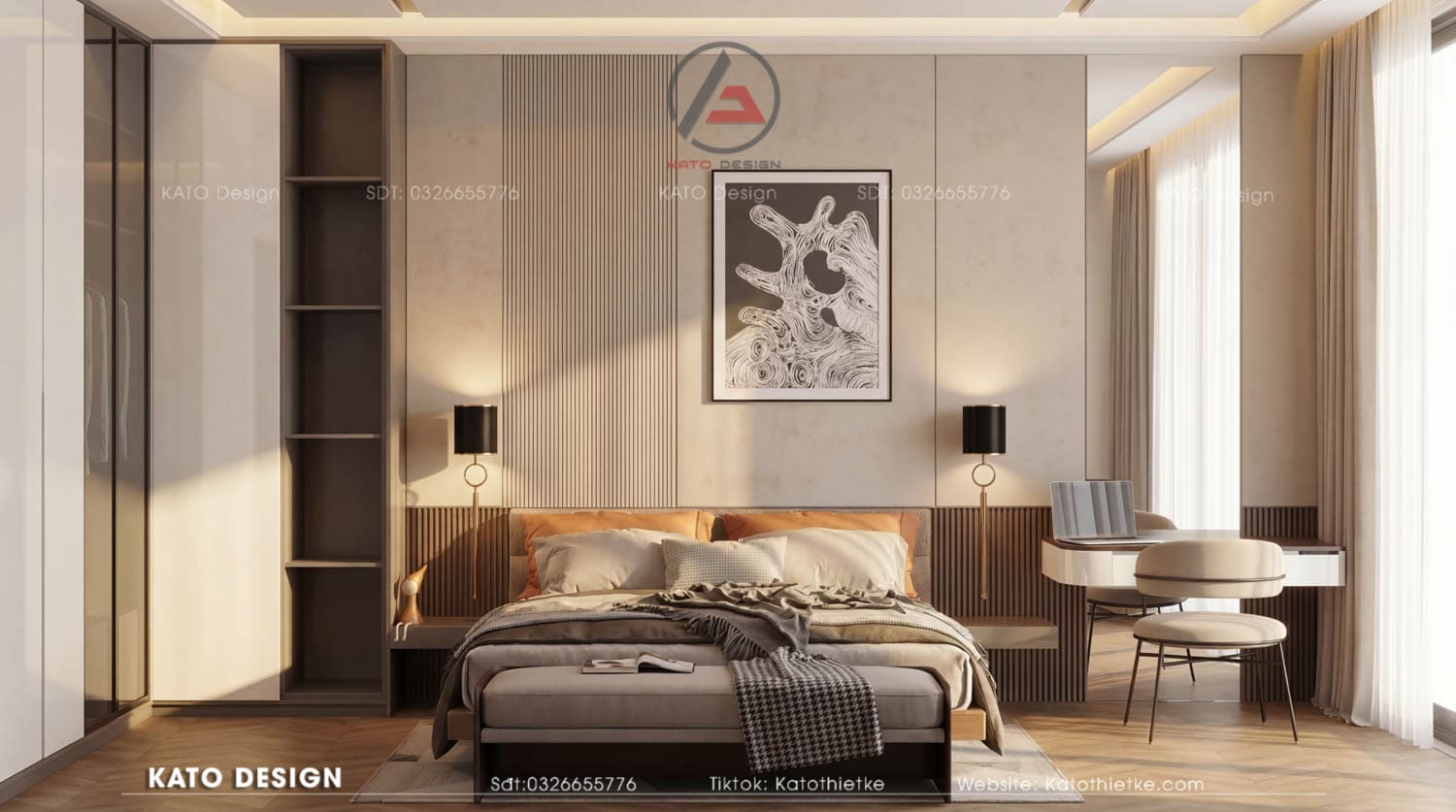 Phòng ngủ thiết kế thoáng, cửa sổ lớn đón sáng và gió tự nhiên