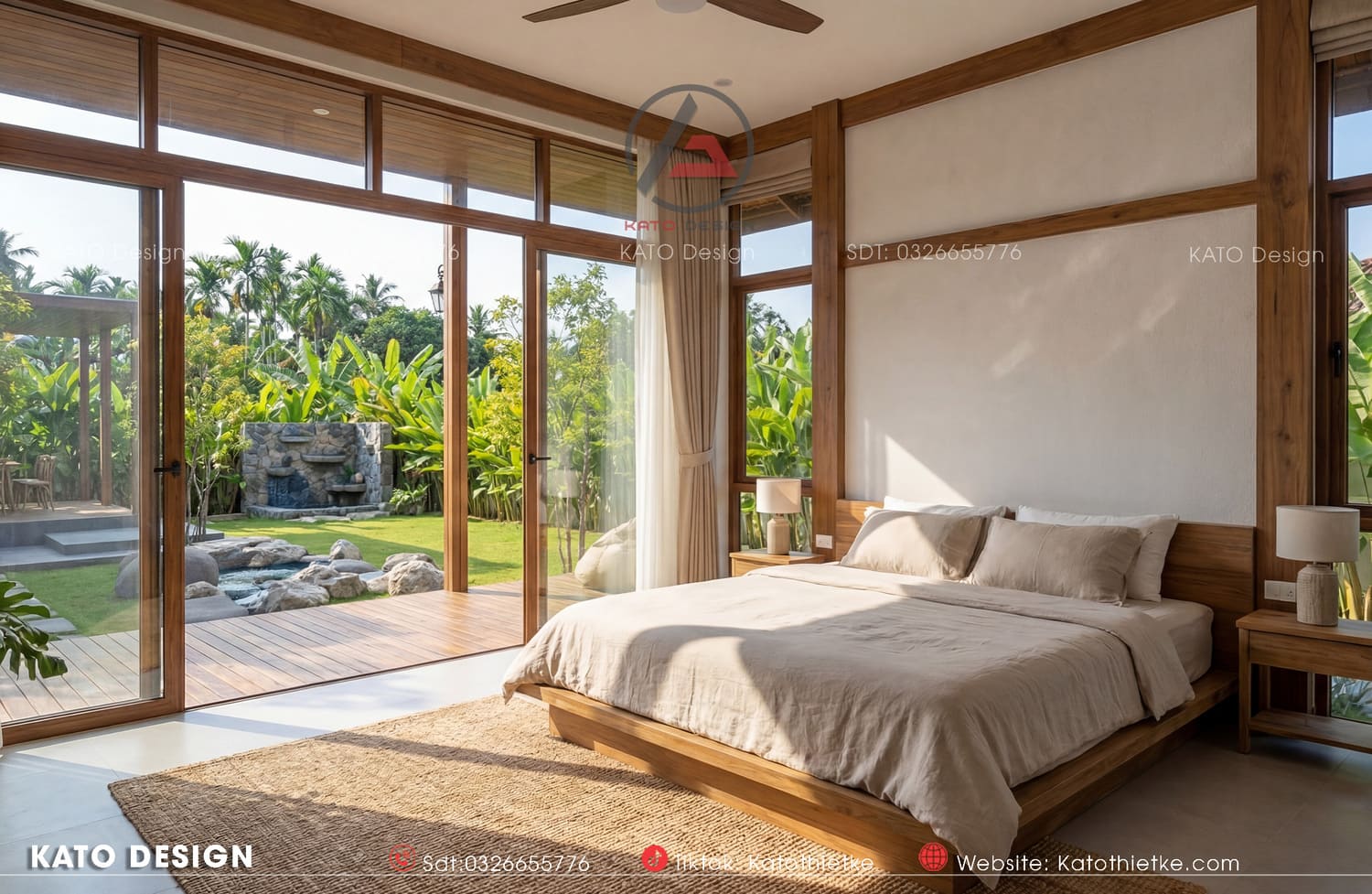 Phòng ngủ thiết kế yên tĩnh, hướng ra vườn để tăng sự thư giãn