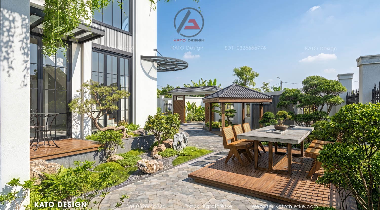 Khoảng sân lát đá kết hợp cây xanh tạo lối vào rộng rãi, sang trọng và thoáng đãng