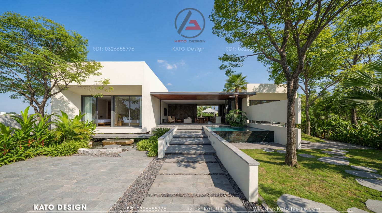 Villa 1 tầng mái bằng trắng tối giản, mặt tiền vuông vức, hiện đại tinh tế Villa 1 tầng mái bằng trắng tối giản, mặt tiền vuông vức, hiện đại tinh tế
