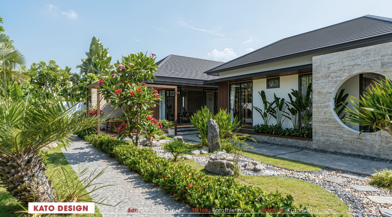Cảnh quan sân vườn được quy hoạch đồng bộ với kiến trúc chính Cảnh quan sân vườn được quy hoạch đồng bộ với kiến trúc chính