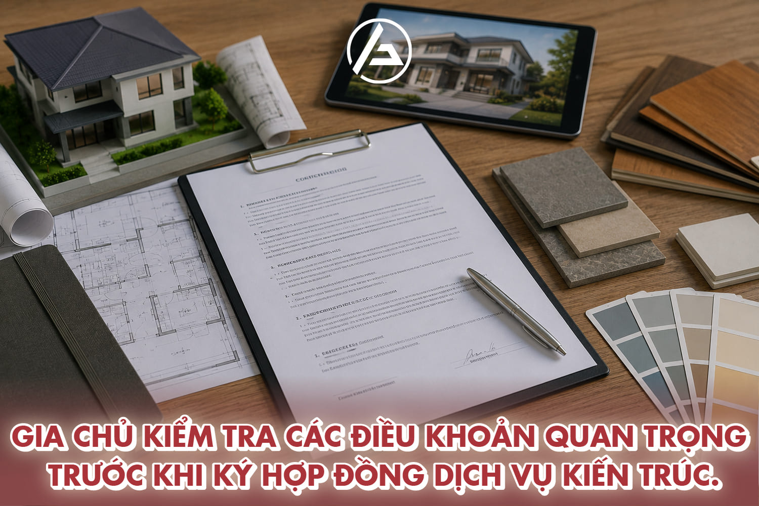 Gia chủ kiểm tra các điều khoản quan trọng trước khi ký hợp đồng dịch vụ kiến trúc.