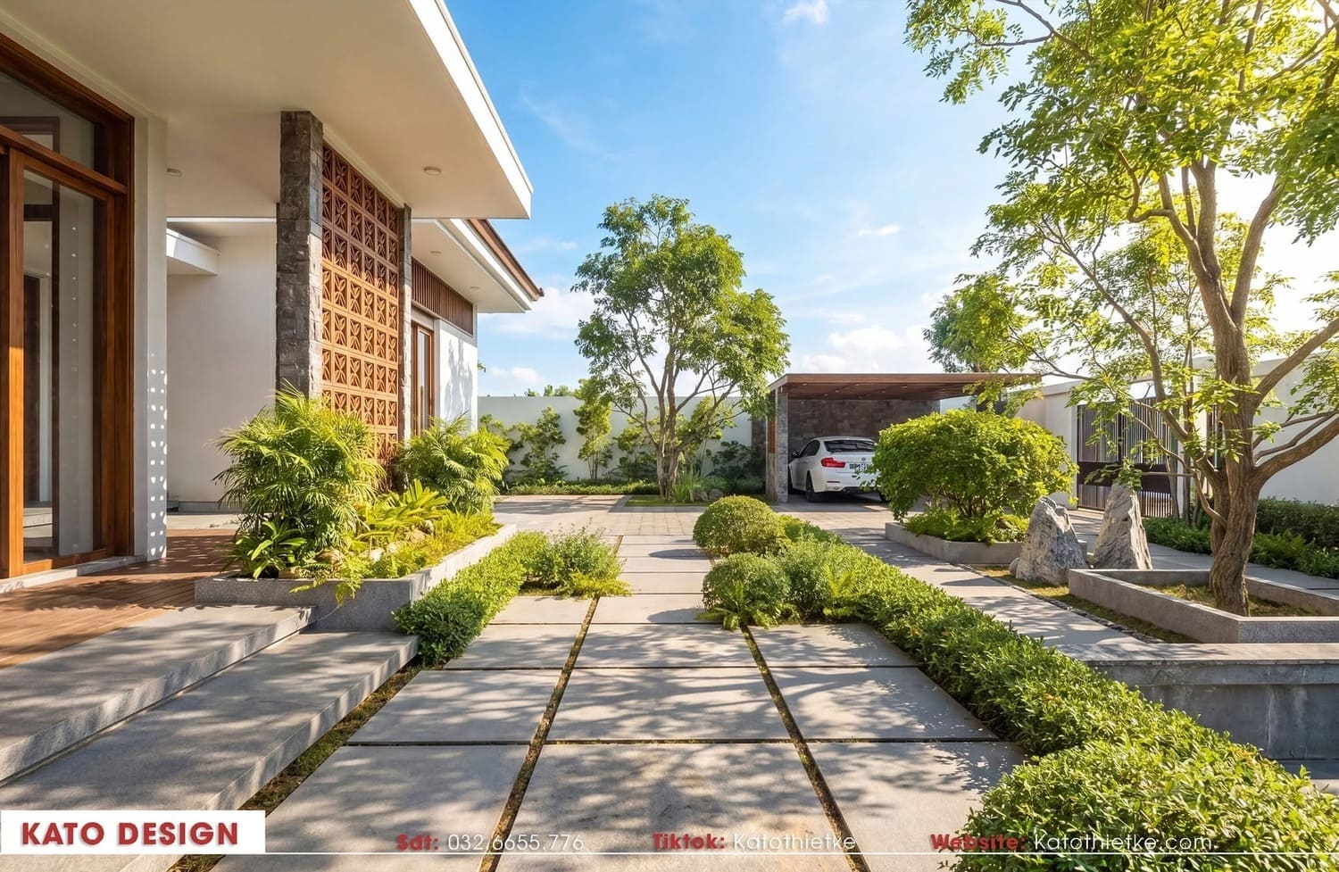 Khu vực để xe được thiết kế liền mạch với cảnh quan xung quanh Khu vực để xe được thiết kế liền mạch với cảnh quan xung quanh