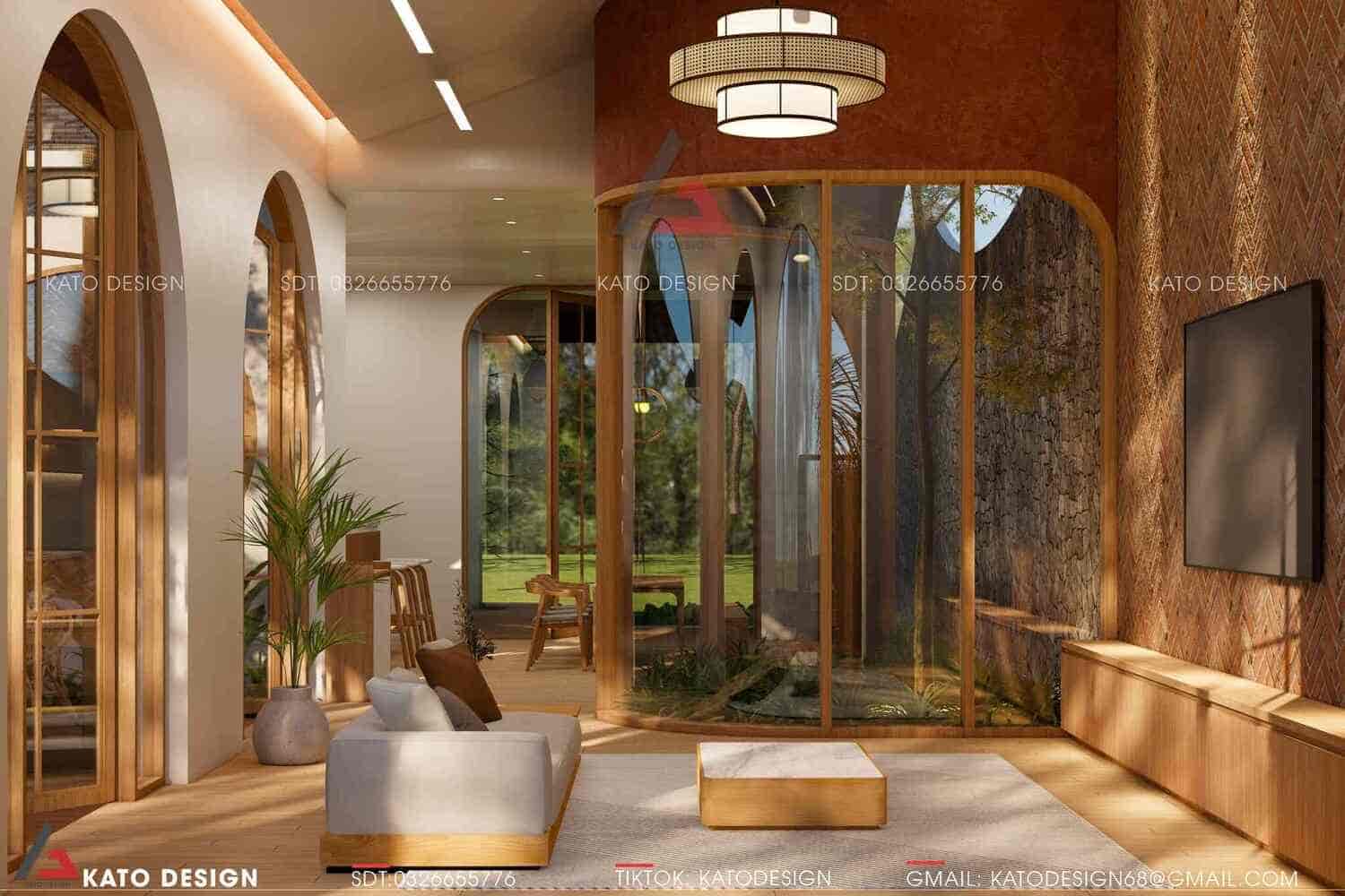 Phòng khách nổi bật với trần cong mềm mại Phòng khách nổi bật với trần cong mềm mại