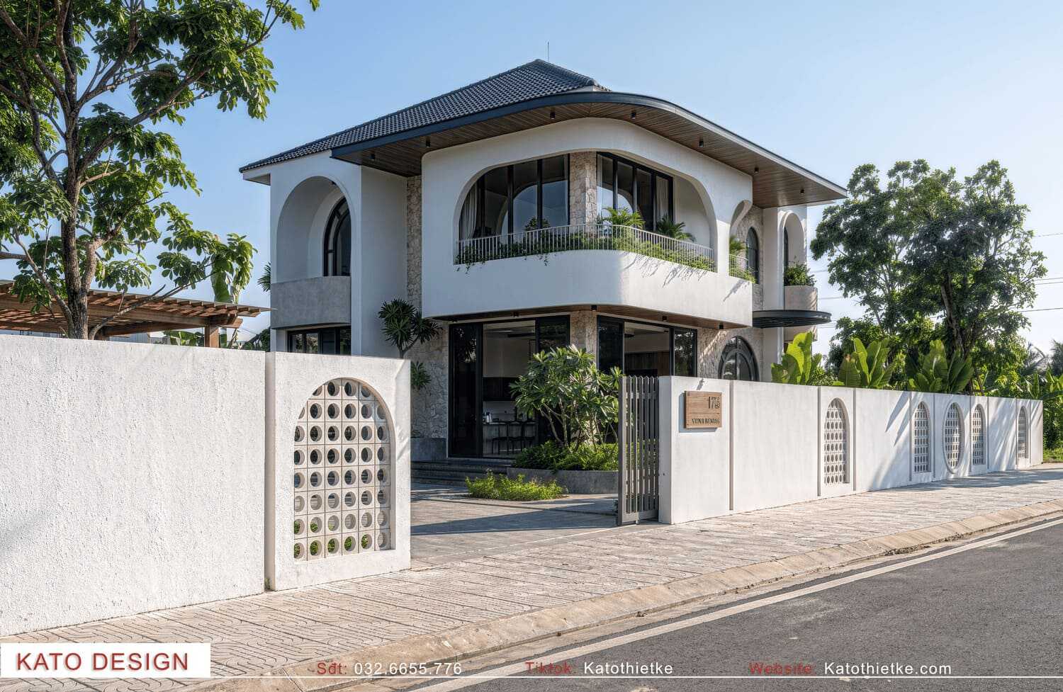 Mặt tiền biệt thự 2 tầng bo cong mềm mại