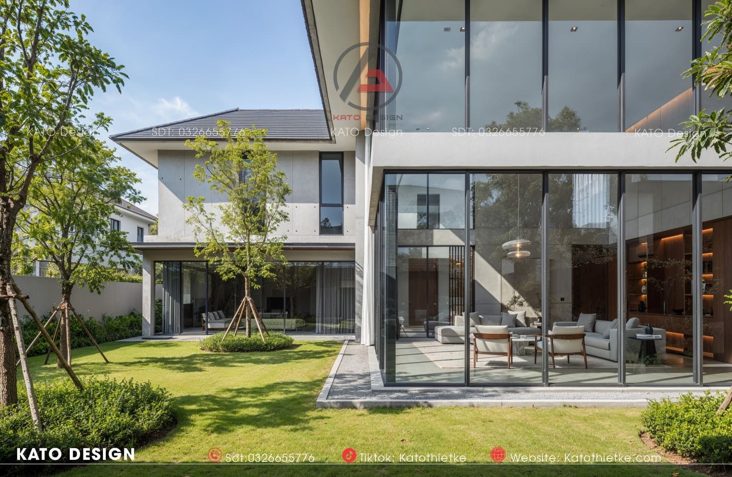 Không gian nội thất kết nối hài hòa với sân vườn qua hệ cửa kính xuyên suốt Không gian nội thất kết nối hài hòa với sân vườn qua hệ cửa kính xuyên suốt