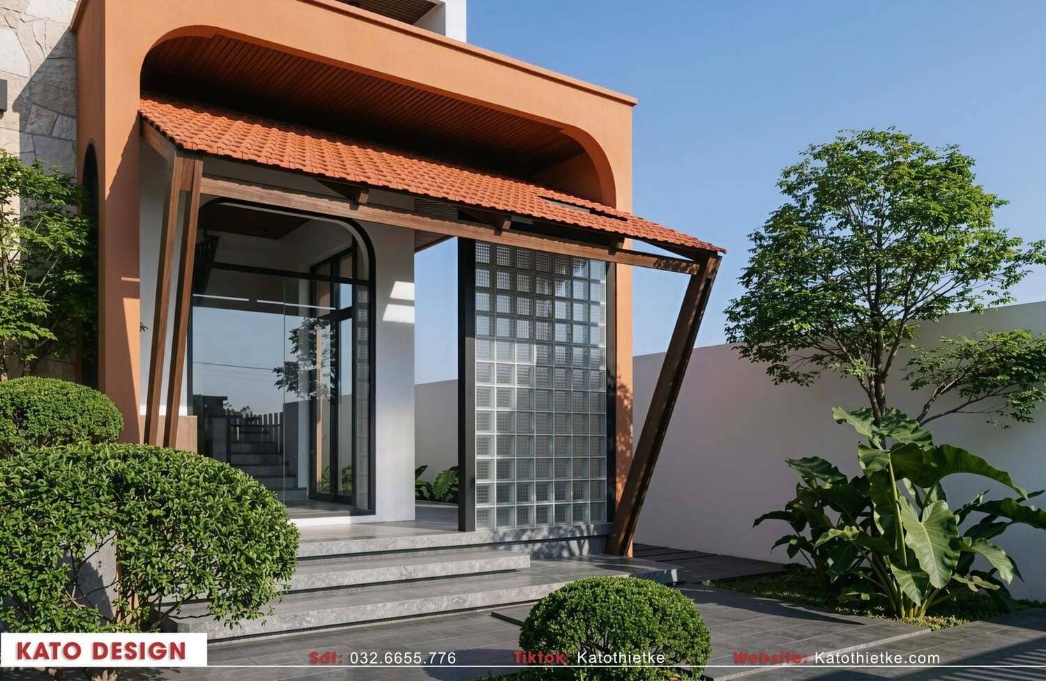 Cửa kính lớn kết nối không gian sống với sân vườn bên ngoài