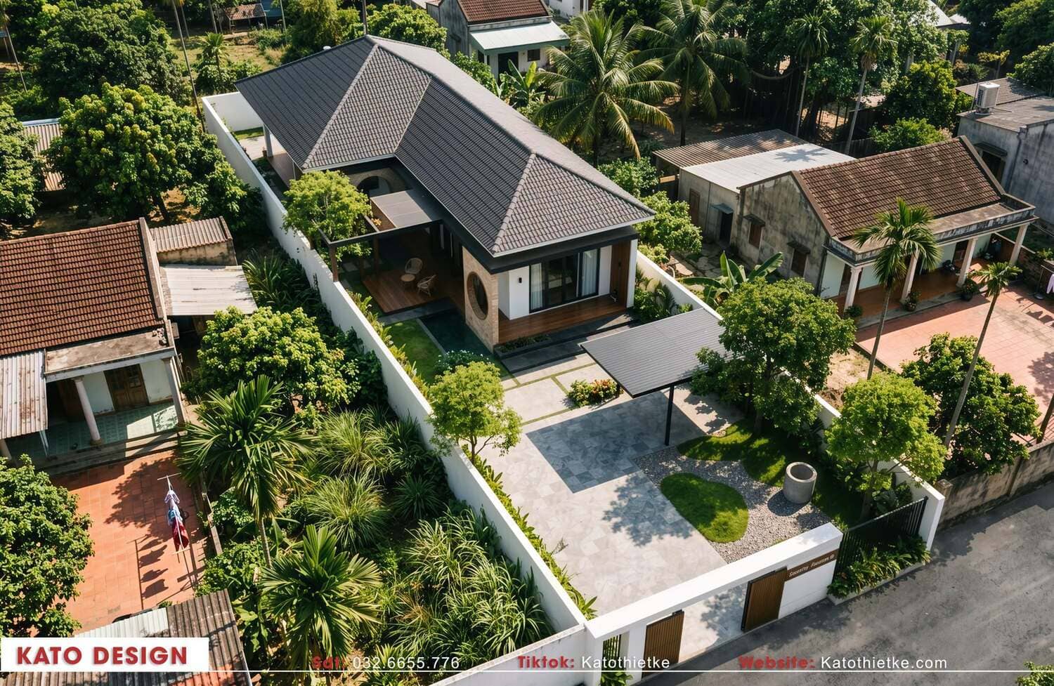 Toàn cảnh nhà cấp 4 mái Nhật và khuôn viên sân vườn